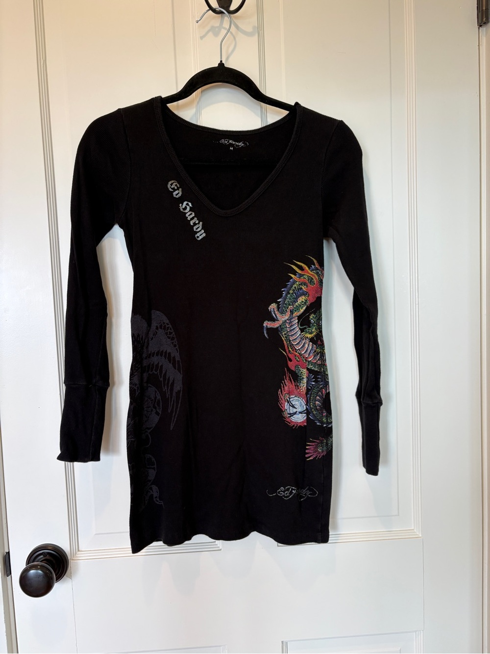 Ed Hardy Black Long-Sleeve V-Neck Mini Dress with Colorful Dragon Graphic